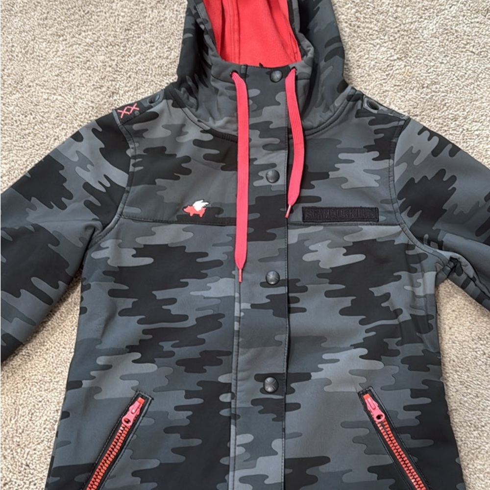 Glamour Kills Camo Ski Jacket - Black and Gray with Red Accents